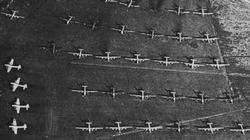 Absconded American bombers lined up on Haaslo airfield in Sweden.