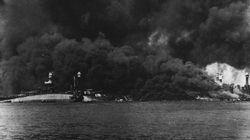 Pearl Harbor's ‘Battleship Row’ after the Japanese attack.