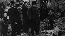 Prime Minister Winston Churchill looking suitably defiant, inspects bomb damage.